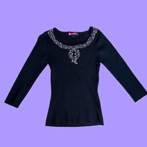 SayWhat? Black Ribbed beaded neck top